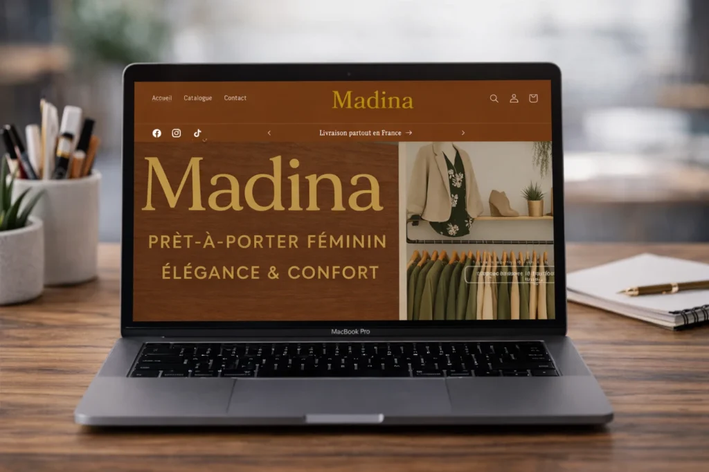 Maquette du site e-commerce Madina affichée sur un ordinateur portable